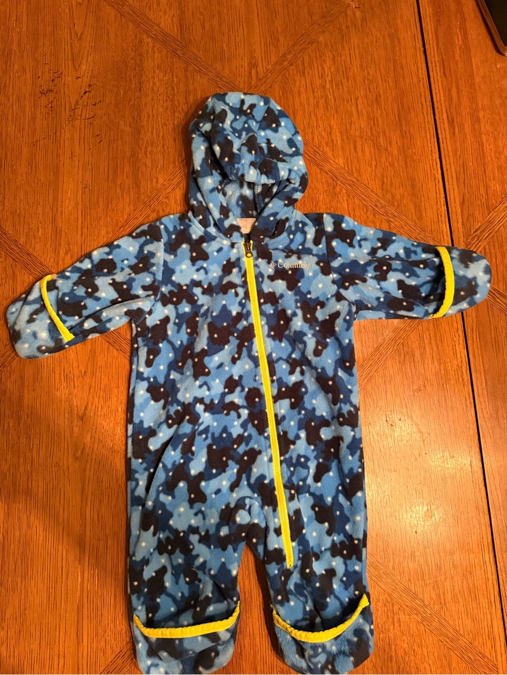 Columbia Blue and Navy Camo Fleece Baby One-Piece with Yellow Trim